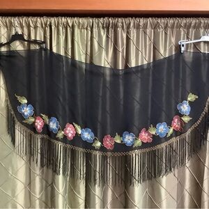 EUC- Half Moon Hand Painted, Beaded & Fringed Wrap